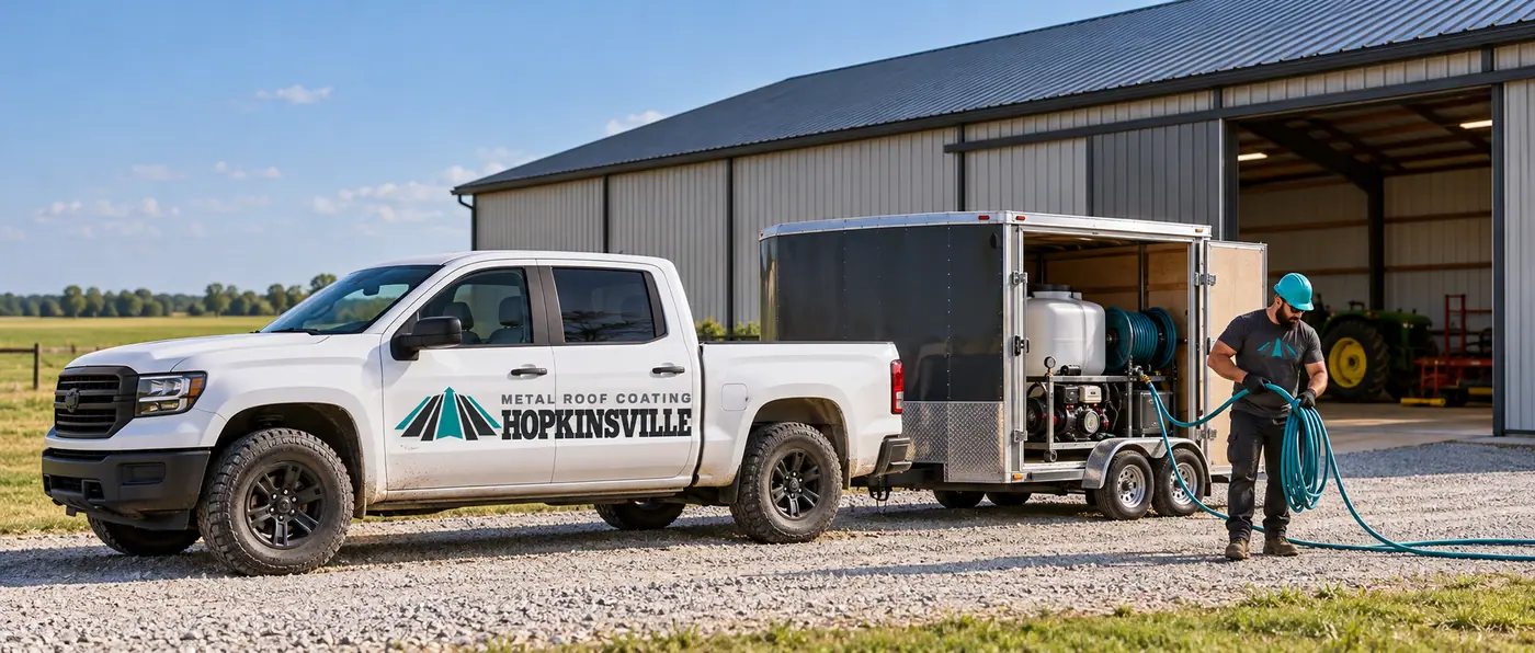 Roofing work truck parked beside a commercial metal building