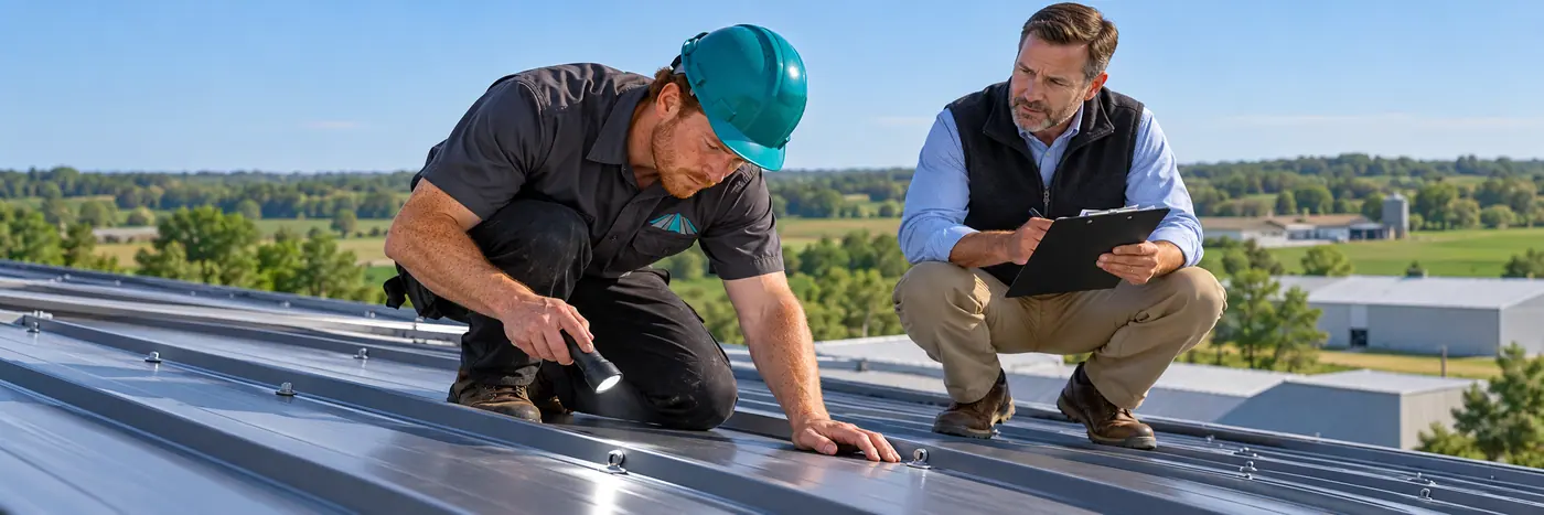 Roofer inspecting metal roof panels and fastener rows