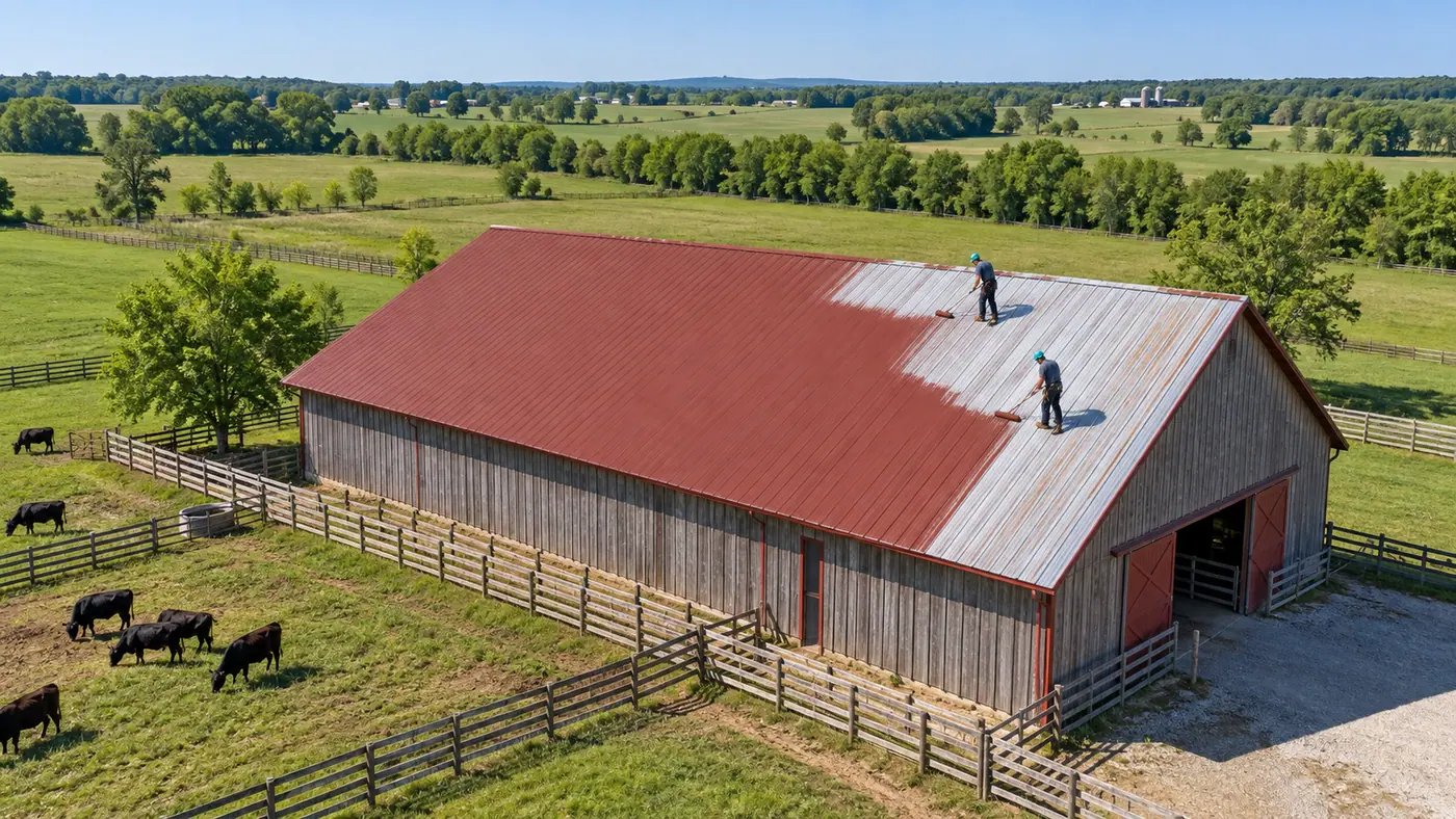 Aerial view of a long metal roof on a farm building