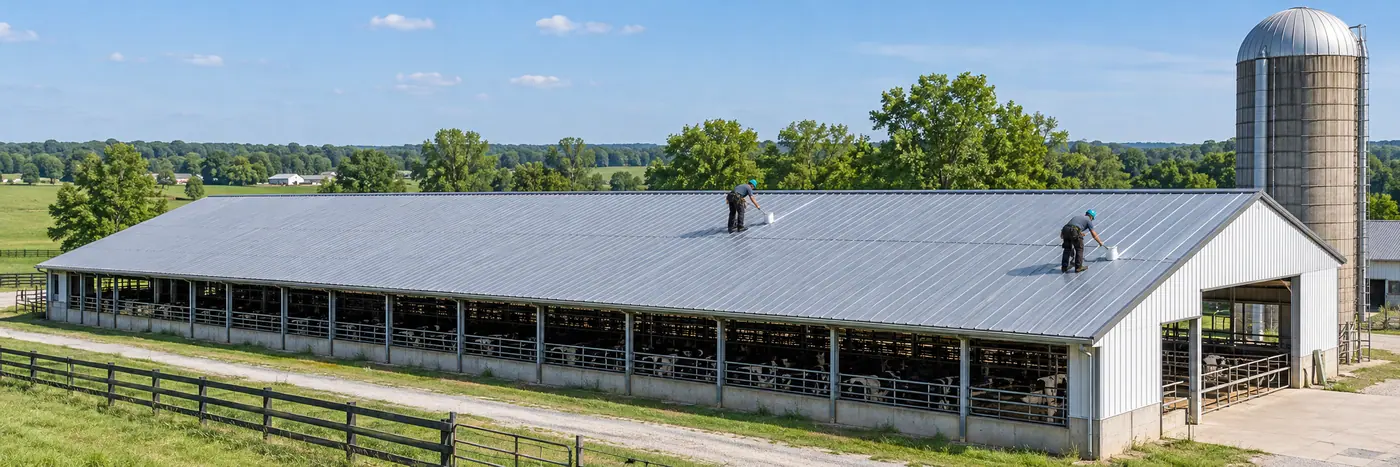 Roofer sealing the seams on a metal barn roof