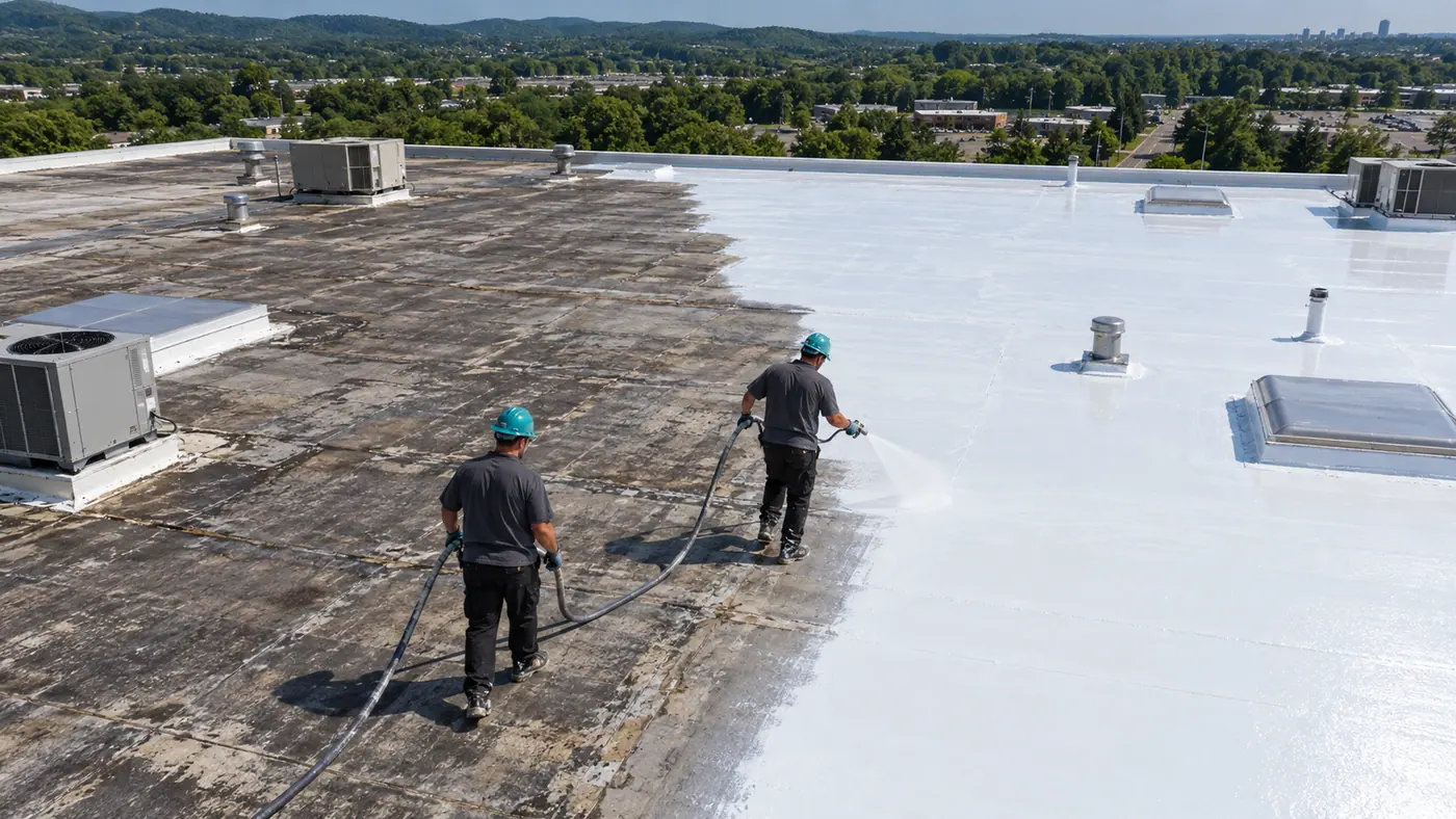 Aerial view of a white silicone coating on a low-slope commercial roof