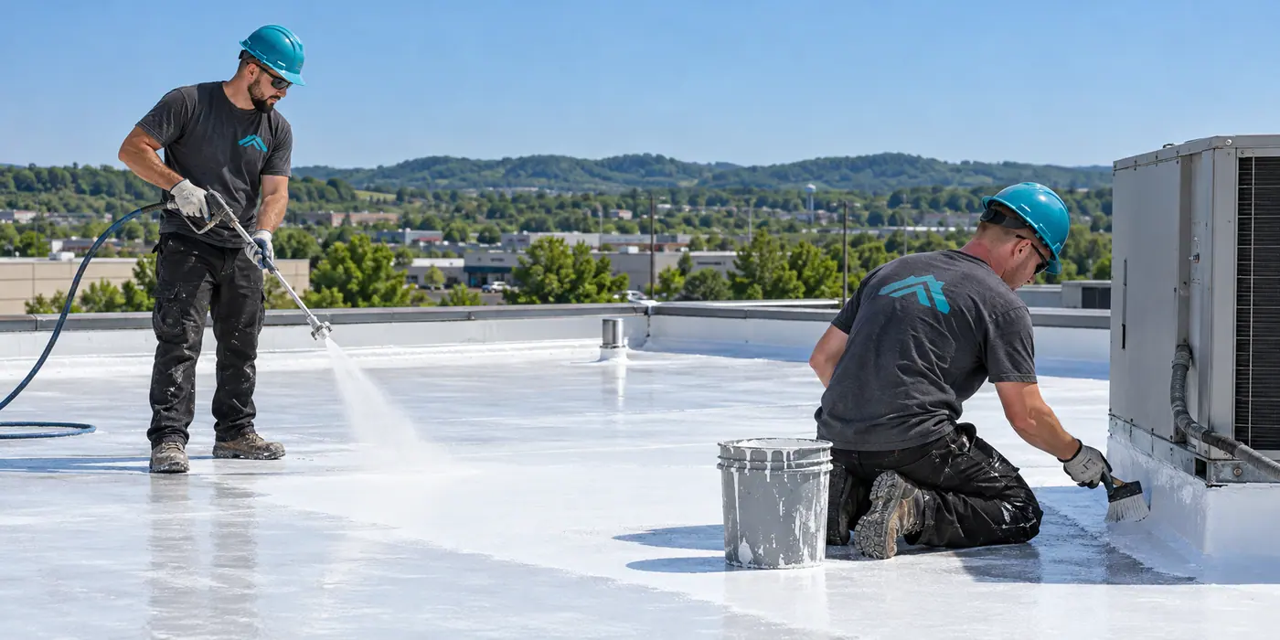 Crew applying silicone coating to a commercial roof
