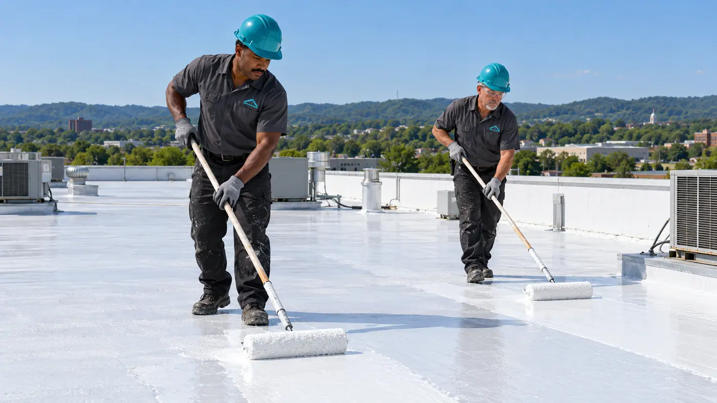 Crew applying acrylic coating to a pitched metal roof