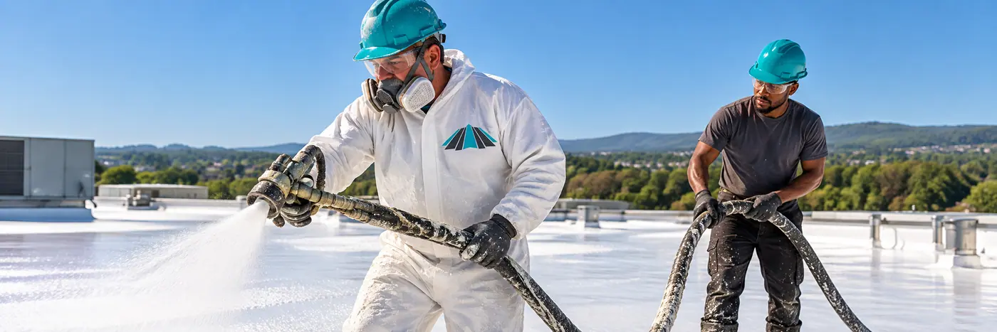 Crew spraying foam over a commercial roof