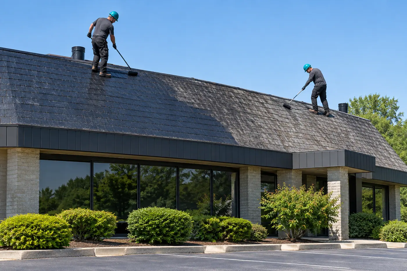 Crew coating the shingle roof of a commercial building