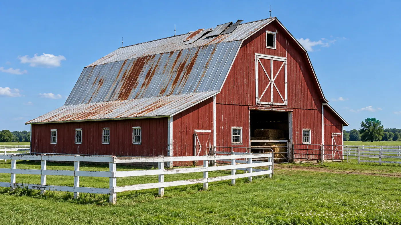 Faded and rusted metal panels on an older farm building roof