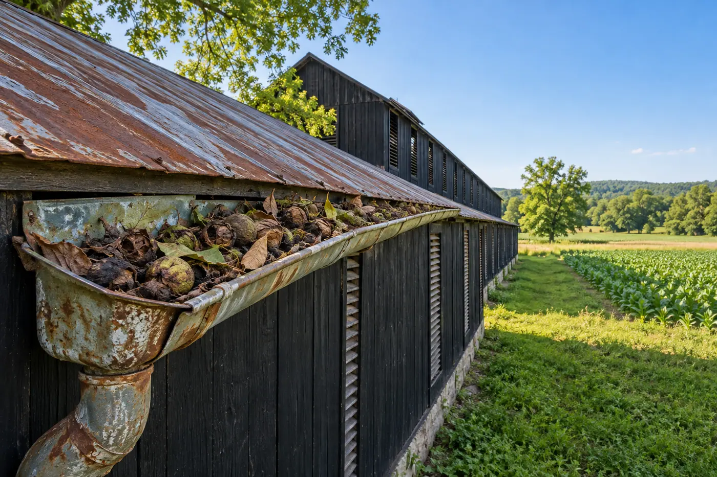 Gutter packed with debris along the eave of a metal roof