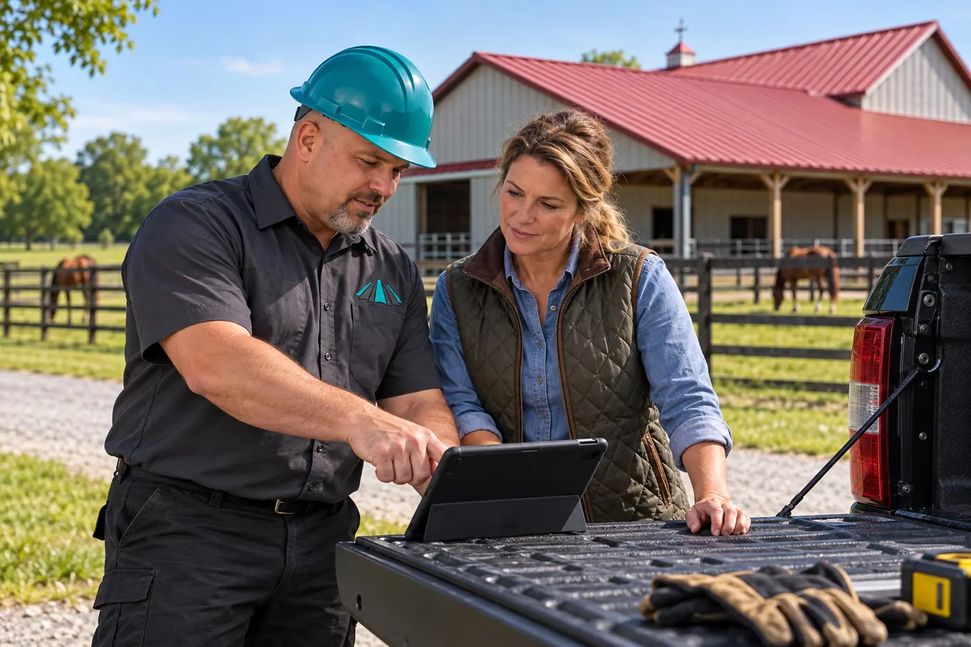 Roofer going over roof notes with a building owner
